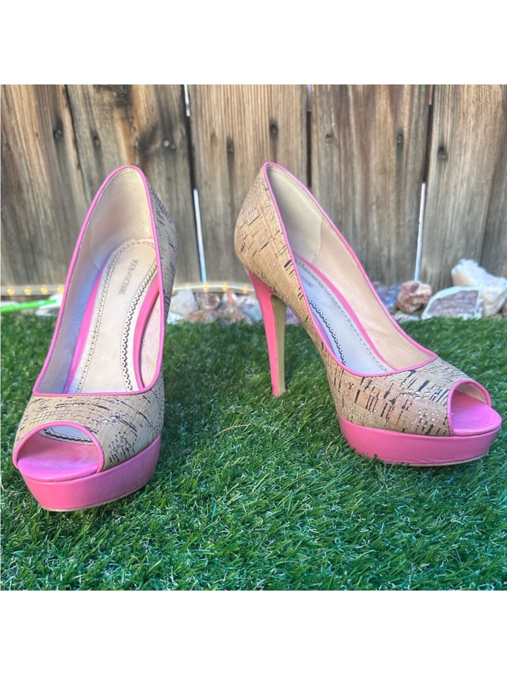 Pour La Victoire Pink Trim Cork Peep-Toe Platform Pumps - Picture 4 of 8